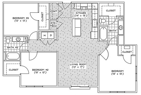 Floor plan for 3 beds, 2 baths, 1399 sqft